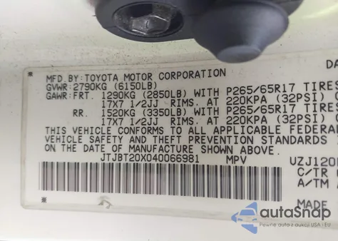 2004 Lexus Gx 470 z USA, uszkodzony, nr VIN JTJBT20X040066981